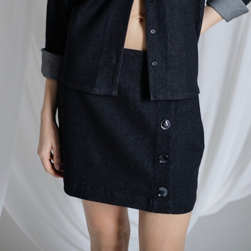 Black Denim Button Mini Skirt - Picture 2 of 4